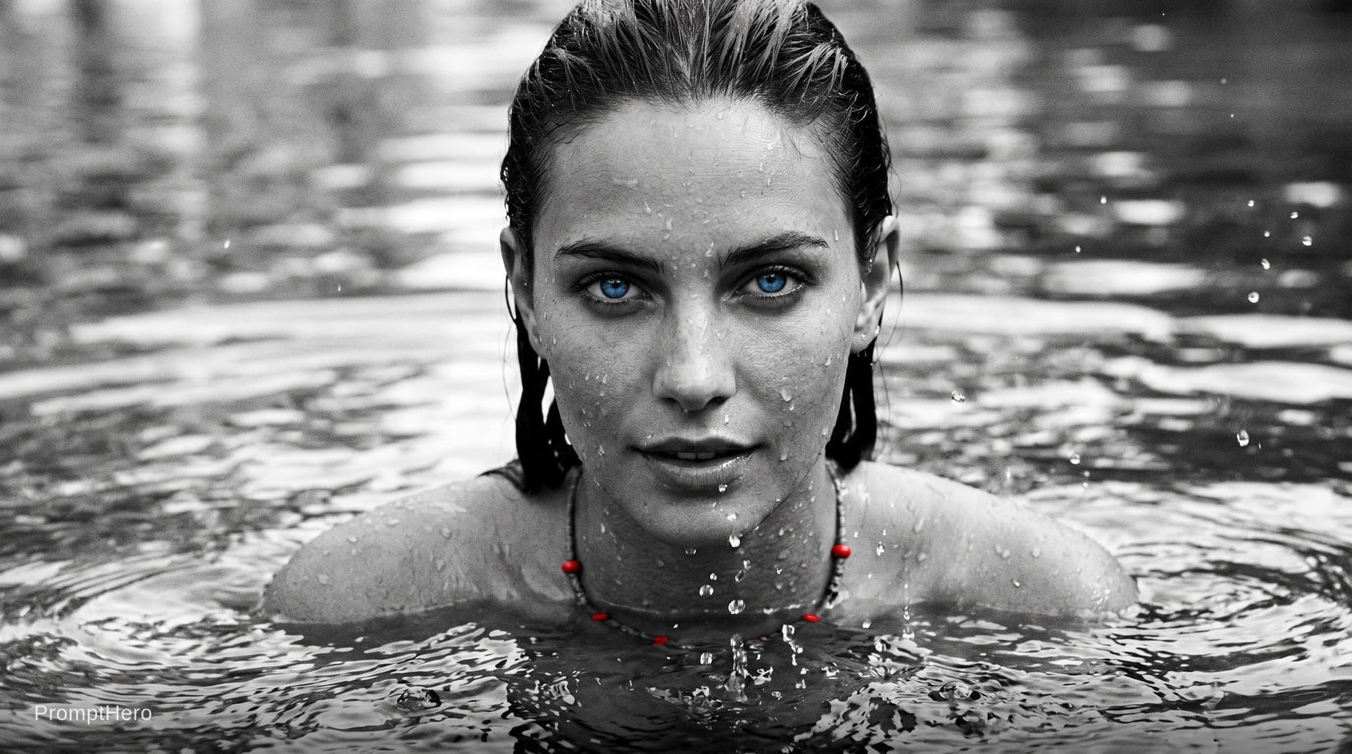 AI generated: photo of a woman in the water, black and white with pops of color, frameless, freya, droplets, magaz...