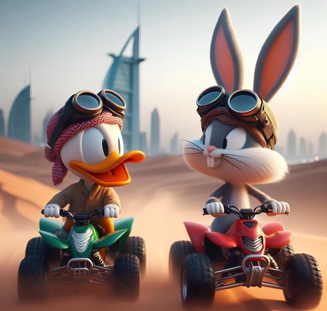 AI generated: Donald Duck and Bugs bunny riding powerful quad bikes in a desert with a view over Dubai buildings, ...