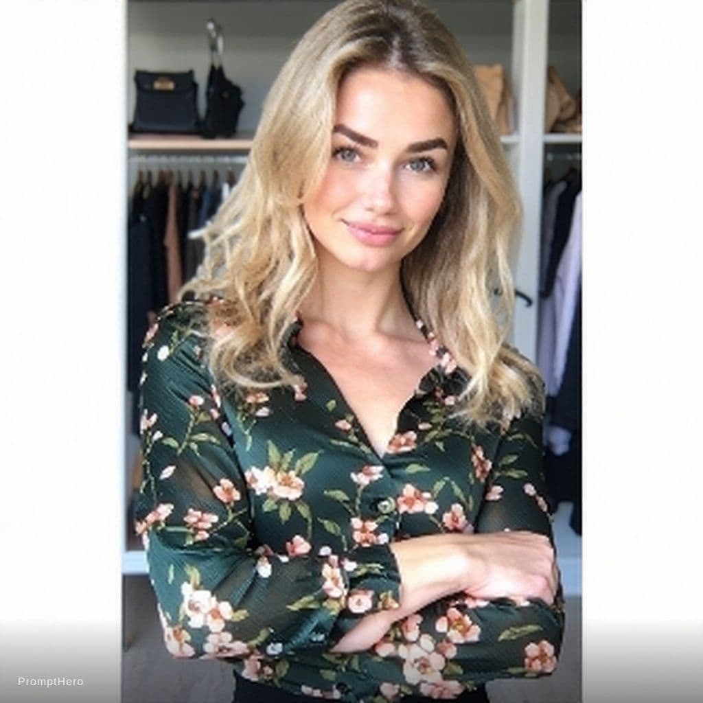 AI generated: a cute woman with a lowcut blouse showing cleavage