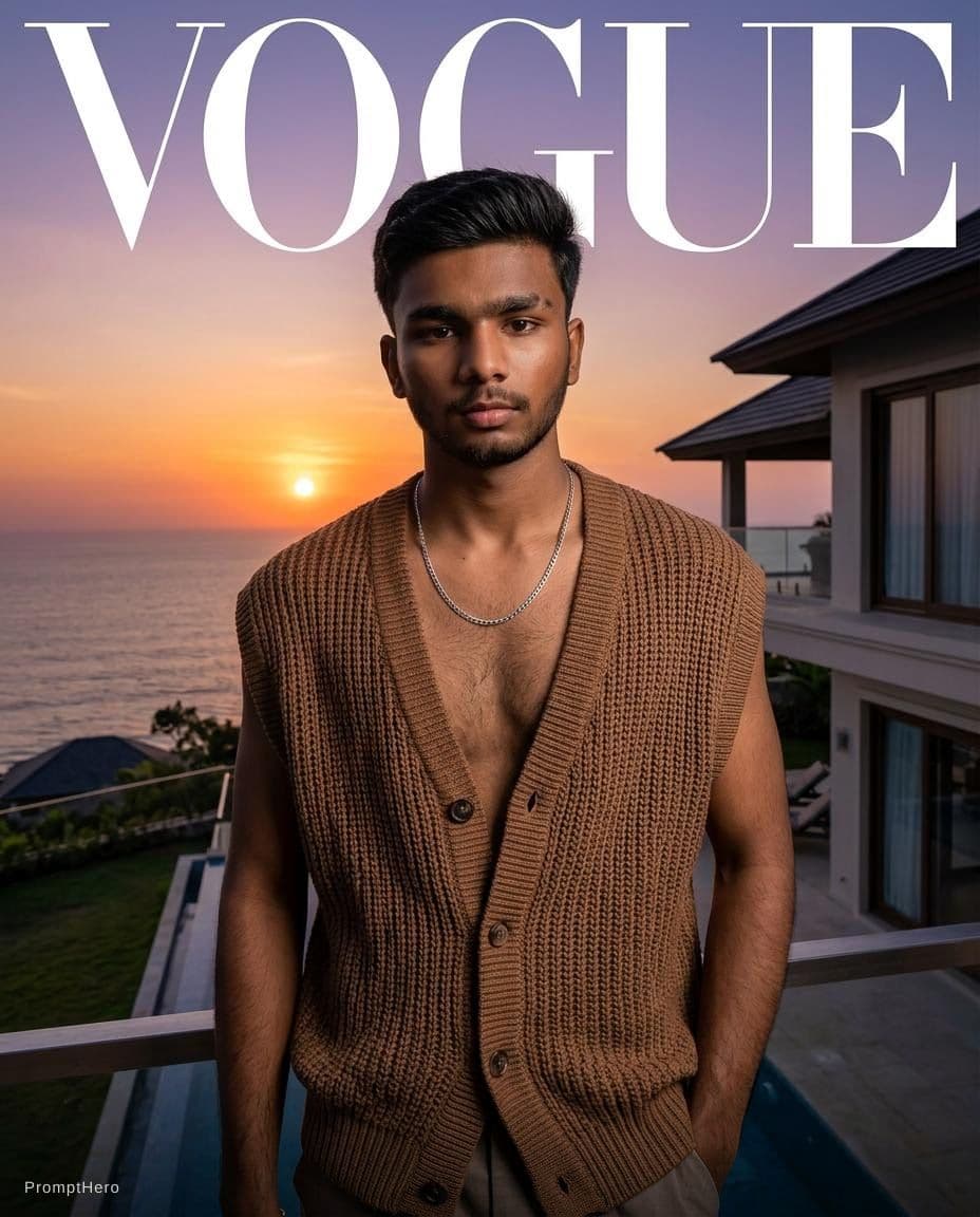 AI generated: A handsome male model with tan skin and black hair, wearing an open brown sleeveless cardigan over h...