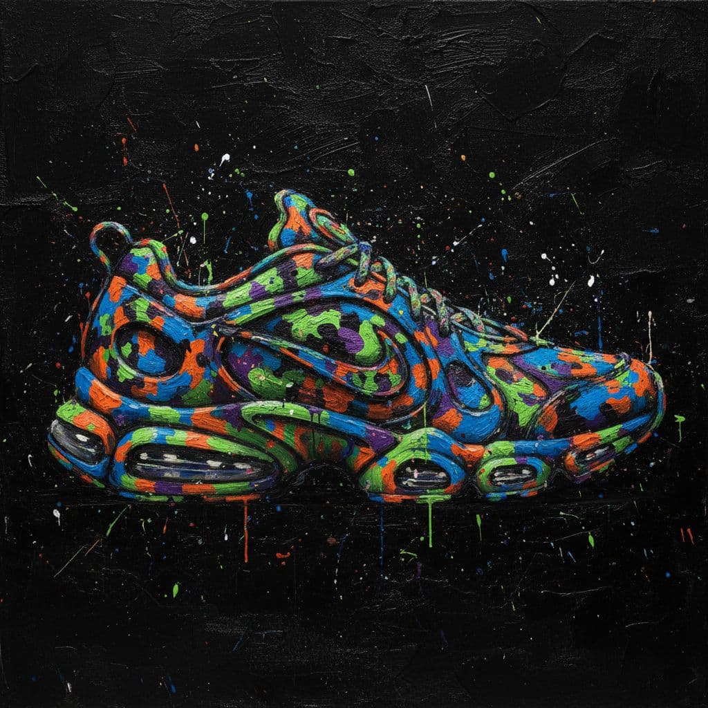 AI generated: artistic painting art, side view, Nike conceptual sneakers design, distinctive vibrant camouflage pa...