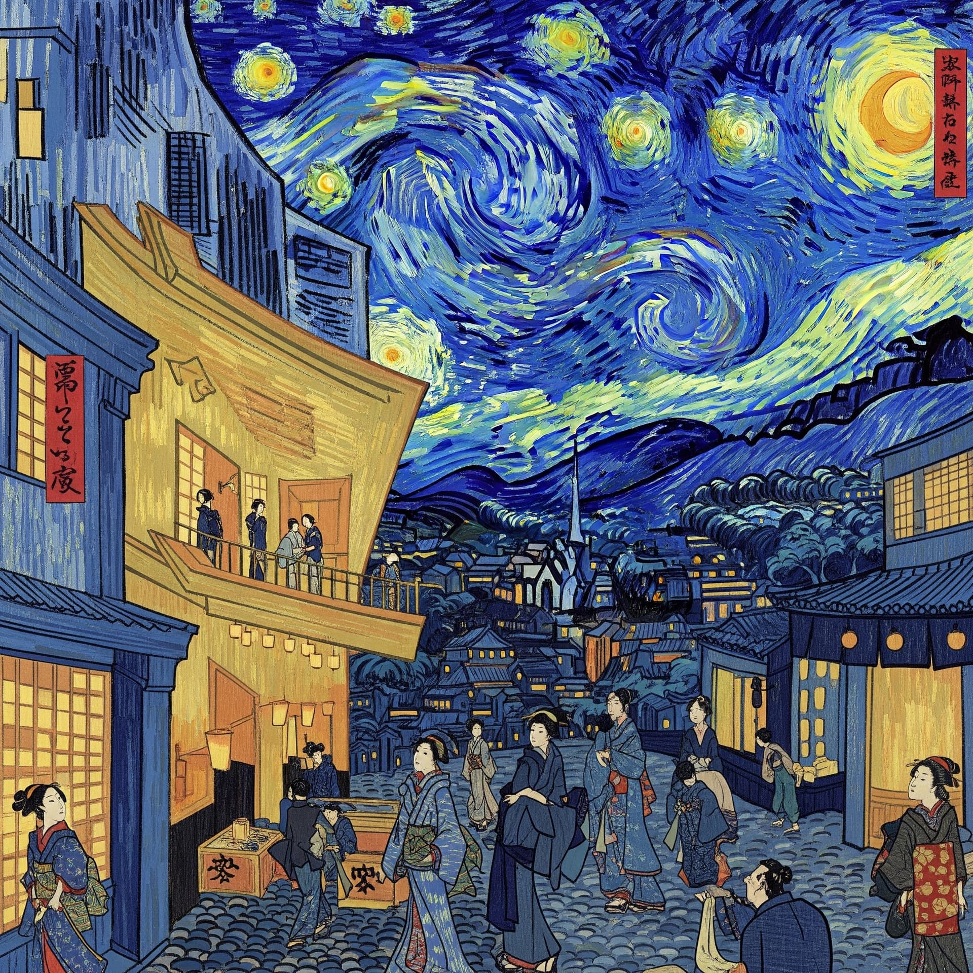 AI generated: A mesmerizing cityscape, a vibrant fusion of Van Gogh's expressive brushwork and the delicate lines ...