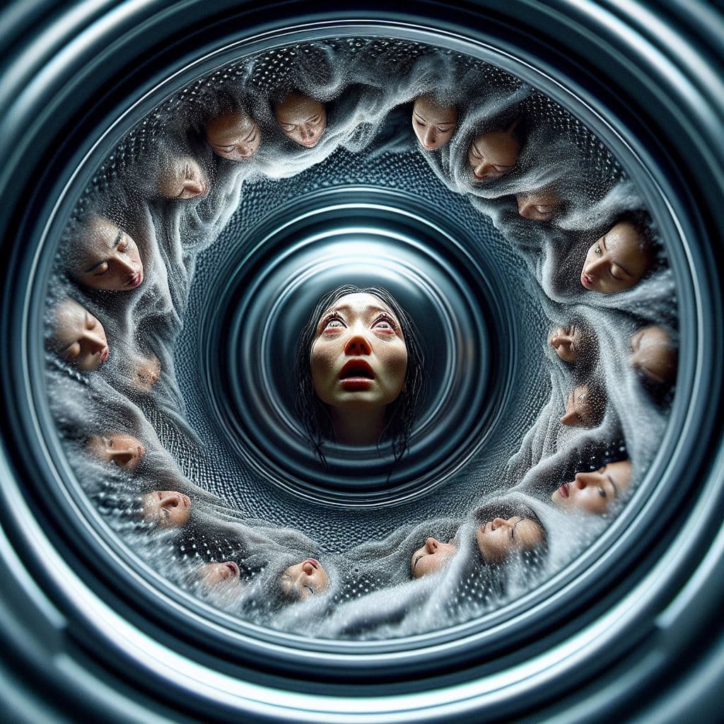 AI generated: The hypnotized face of a woman looking from outside into a washing machine, centered. The viewer see...