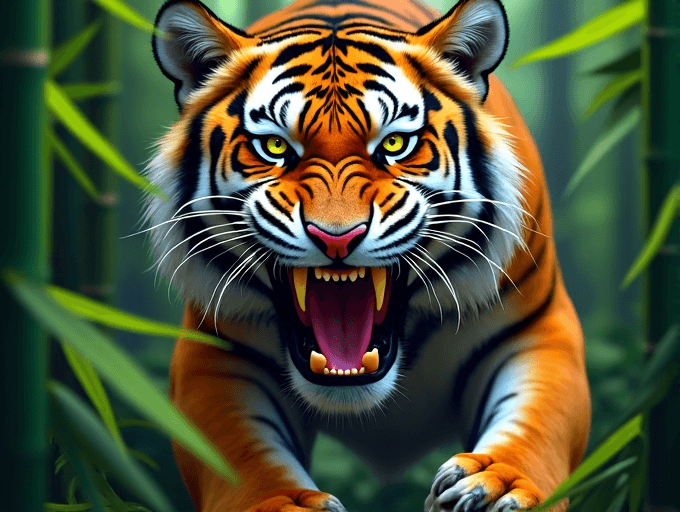 AI generated: create a highly detailed digital illustrated low angled photograph capturing a crouching, fierce,  B...