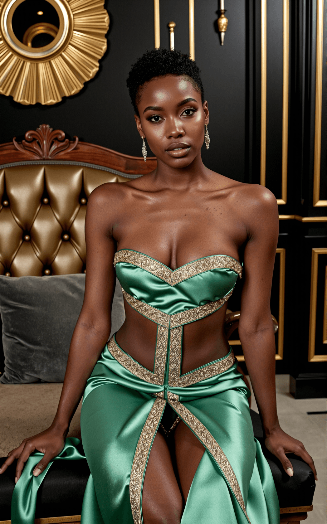 AI generated: A statuesque young female with deep brown skin and a sculpted hourglass figure sits poised on a thro...