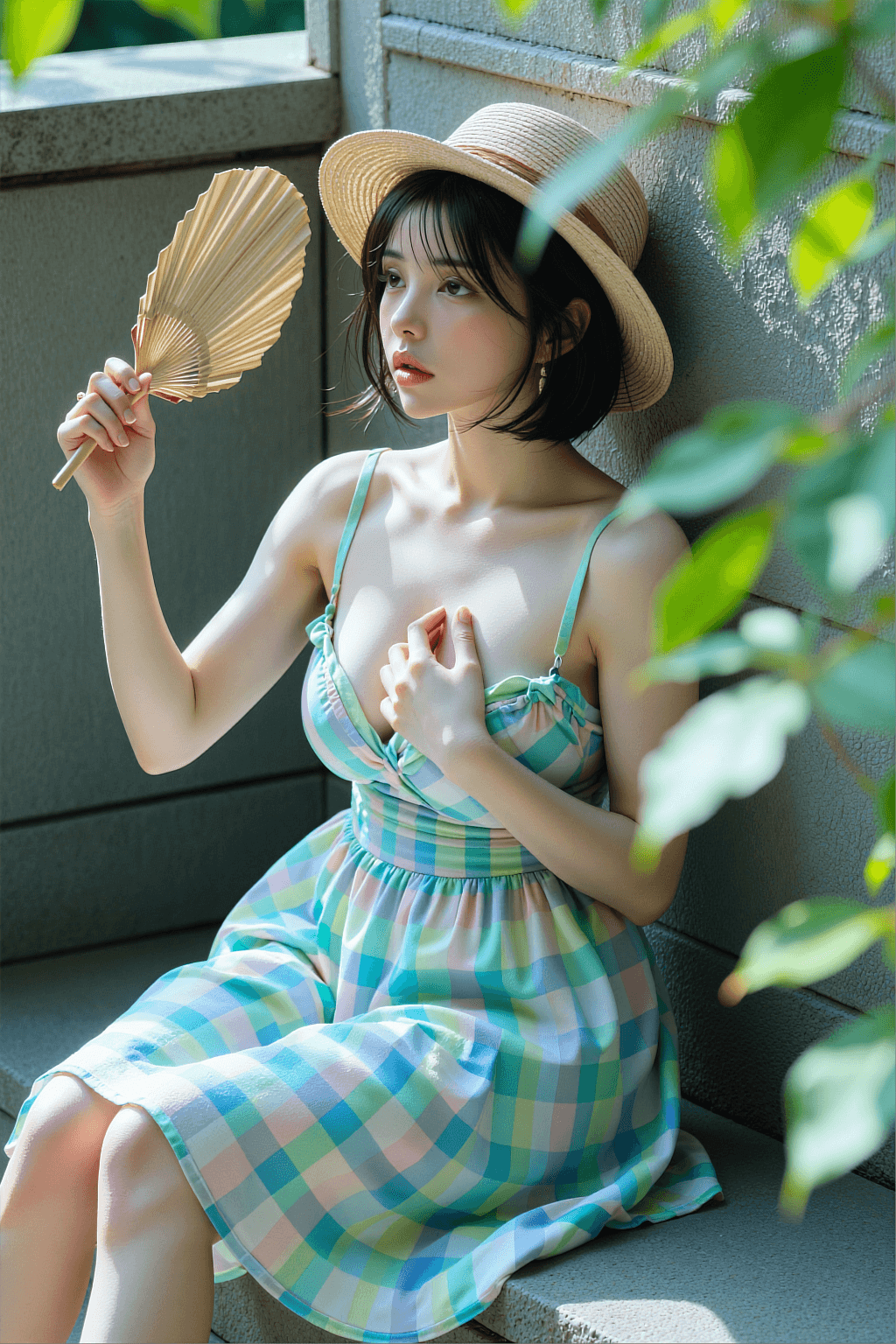 AI generated: A highly detailed, photorealistic, cinematic medium shot of a charming young East Asian woman sittin...
