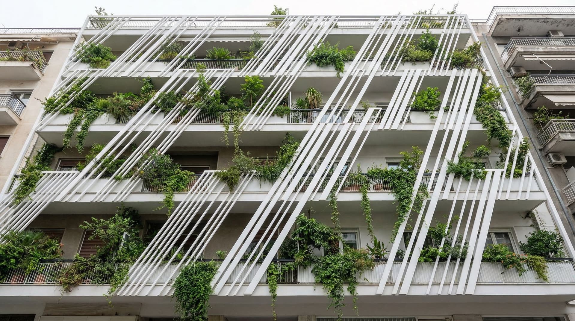AI generated: Add a structure of white different angled stripes and various width in the facade of the building th...