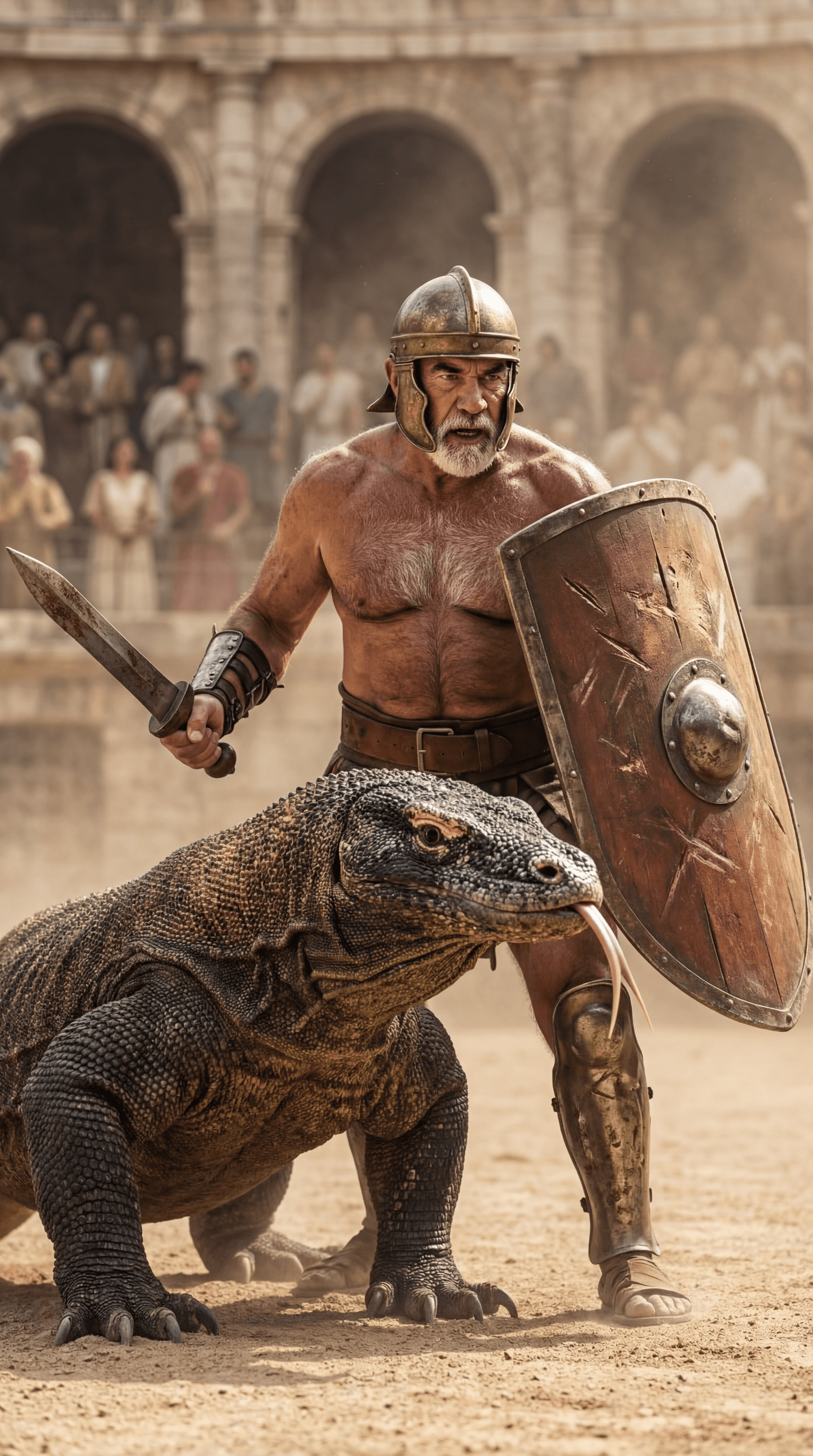 AI generated: Ultra-realistic documentary-style action photography inside the Roman Colosseum, bathed in warm gold...