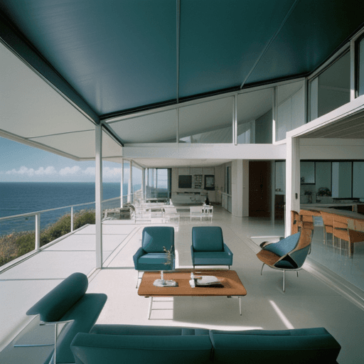 AI generated: Hyper realistic eye level exterior photo of a mid century modern style house overlooking the ocean, ...