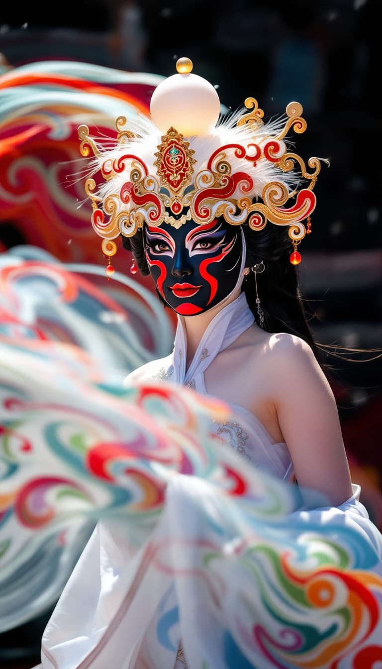 AI generated: A beauty is a master of Sichuan Opera face-changing. She is full-body, graceful, big-breasted, bare ...