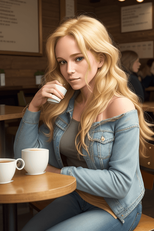 AI generated: The image depicts a 38 years old 
girl with golden blonde hair, sitting comfortably in a cozy coffee...