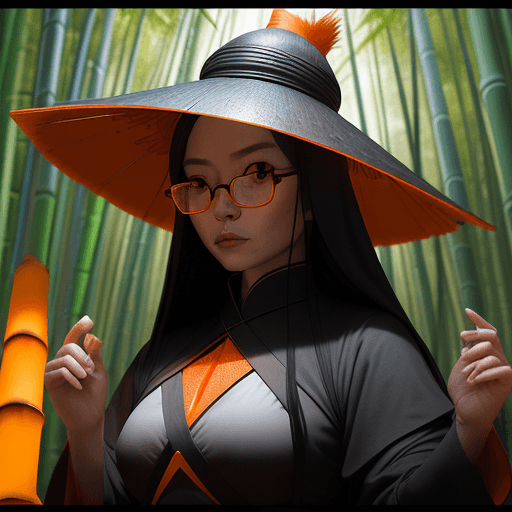 AI generated: . orange glass. movie poster, musculine female character in black,asian cone-shaped bamboo hat, medi...
