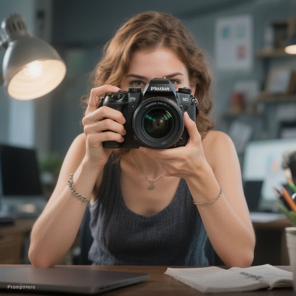 AI generated: The view of this woman from a front facing camera quickly taking a picture at her work desk
