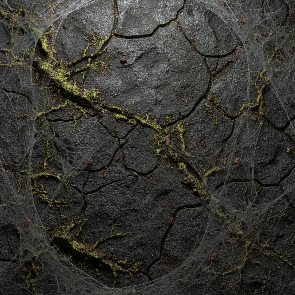 AI generated: Seamless texture of aged, cracked cemetery tombstone surfaces, Halloween-style moss and spider webs,...