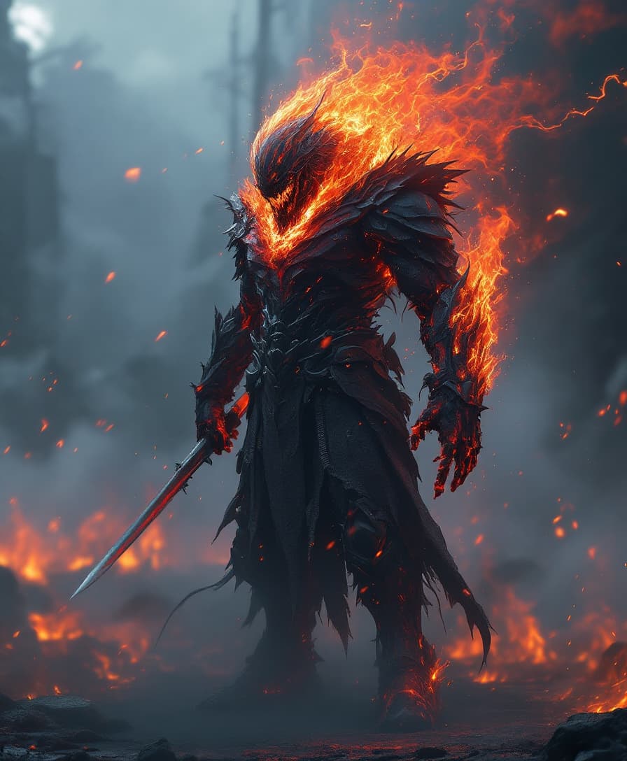 AI generated: character design, hell, fire, mist, photorealistic, octane render, unreal engine, hyper detailed, vo...