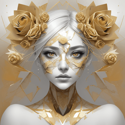AI generated: Ultra detailed artistic abstract photography of woman's face (geometrical), golden, white roses, det...