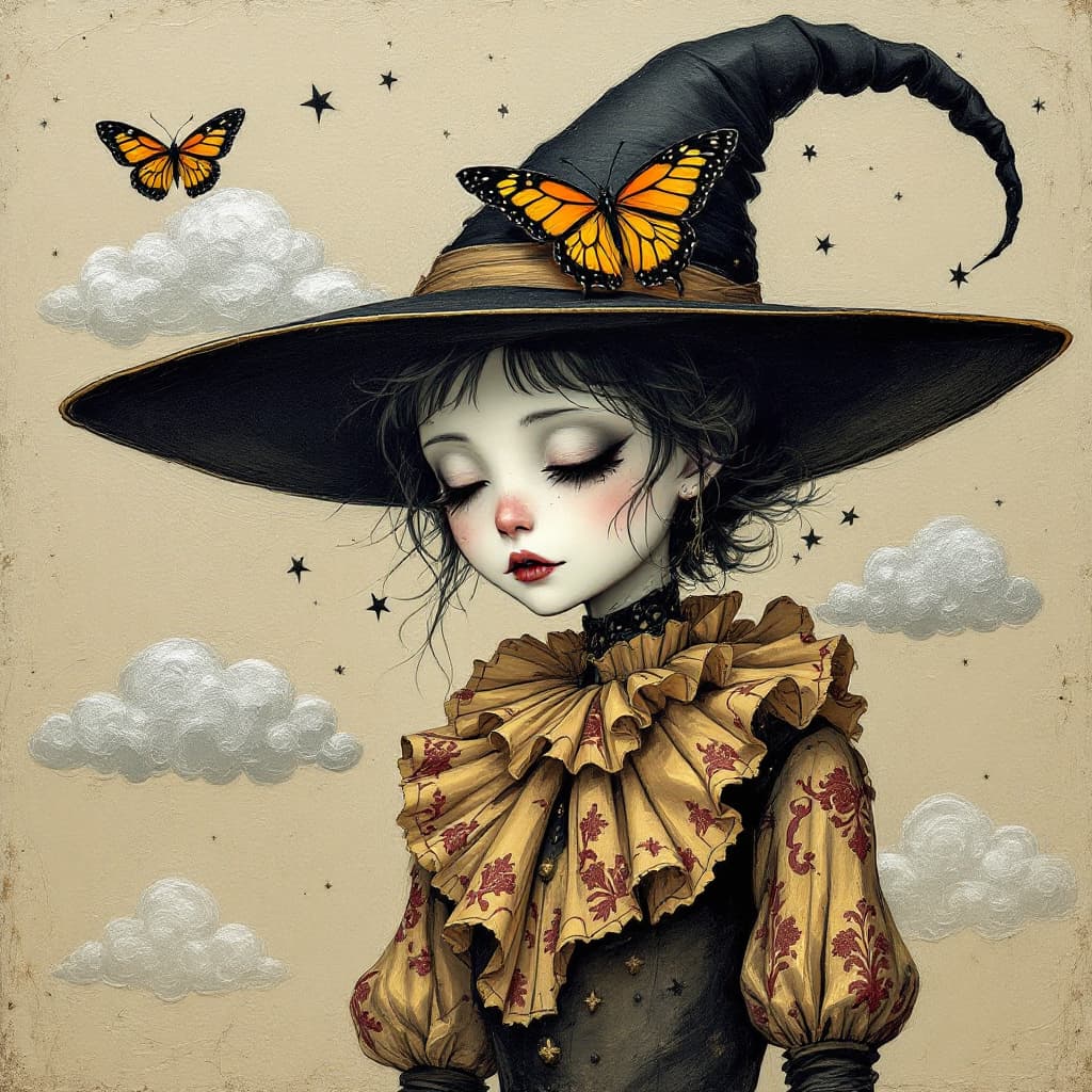 AI generated: strokes of serenely textured oil paint: a stylized, melancholy Pierrot-like girl with a long, curved...