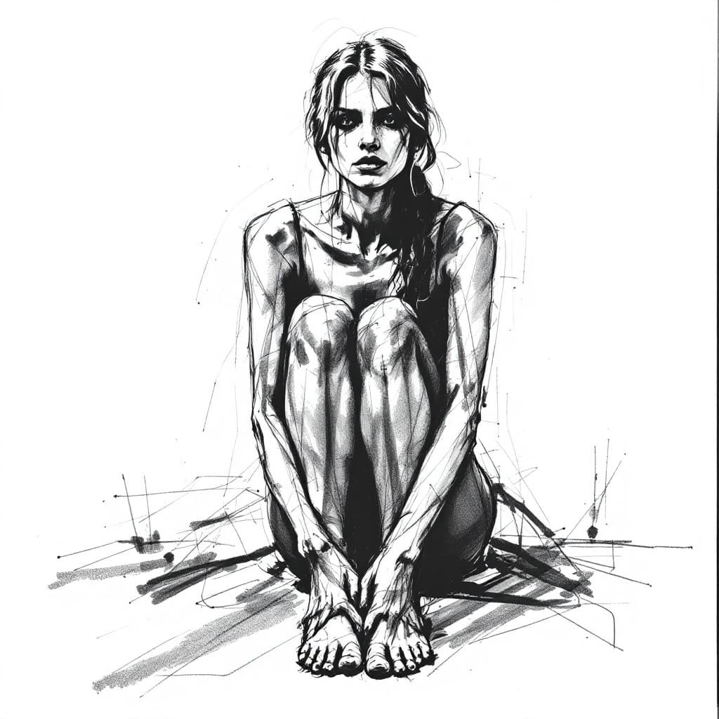 AI generated: A woman sits with her knees apart in front of the viewer, sketch, pencil drawing, smudges
