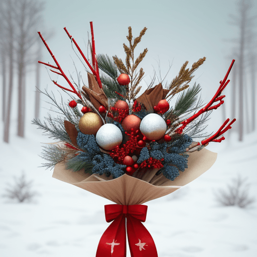 AI generated: sky, branches, cones, red winter berries, cinnamon sticks, New Year's balls and spruce branches. col...