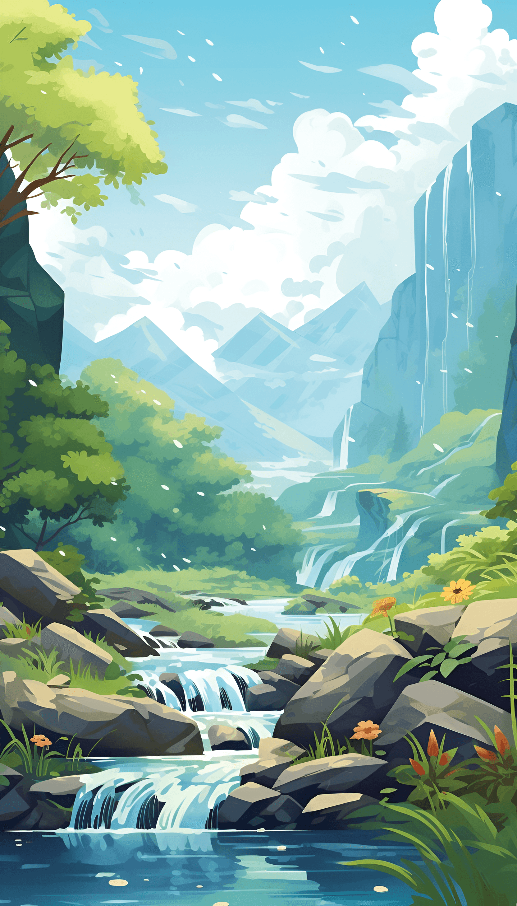 AI generated: Illustration of A serene mountain stream or waterfall. L-cut, Diamond pattern background, Chibi, Gou...