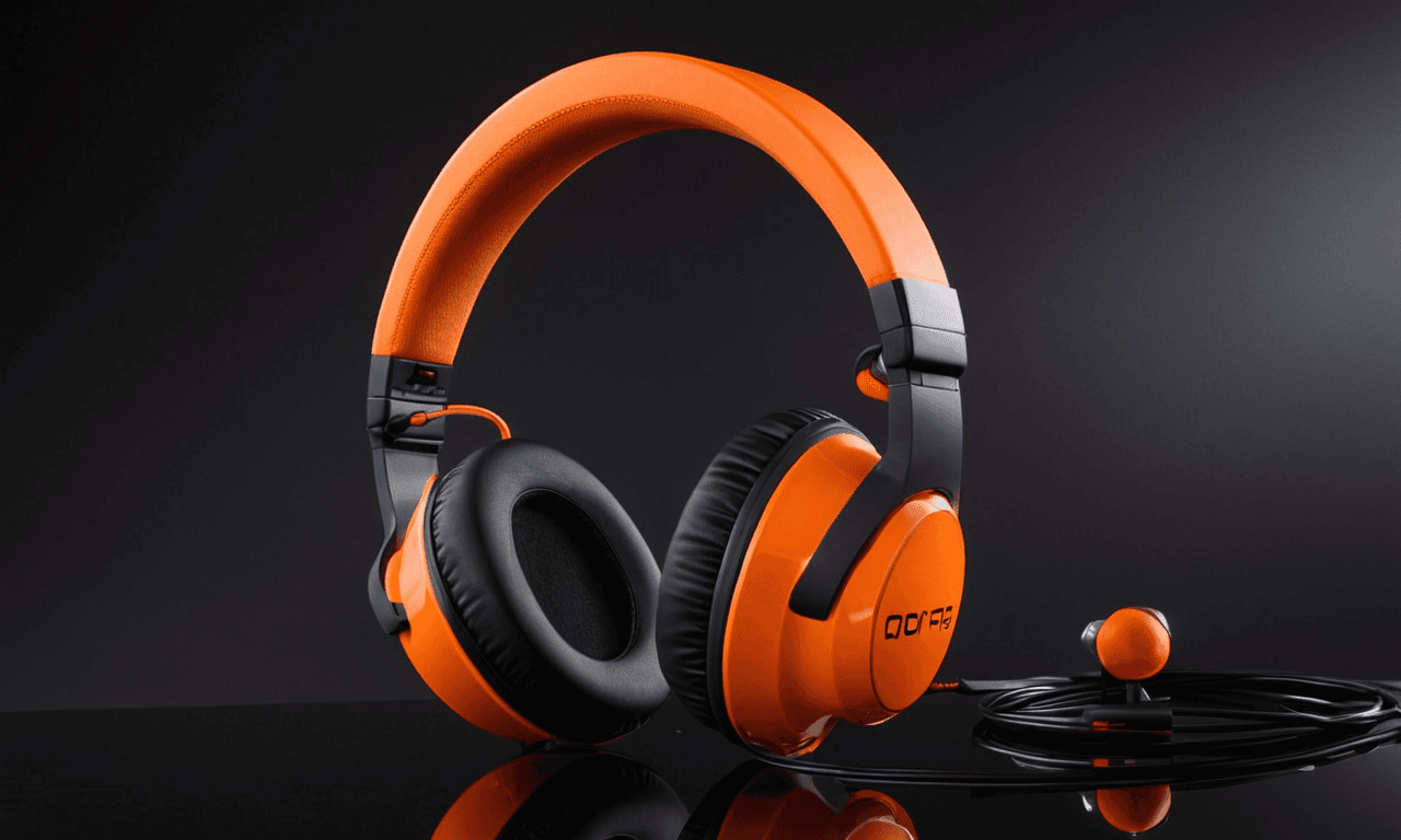 AI generated: Product photography, concept design, Focal High-End headphones, orange headset, sleek waterproof des...