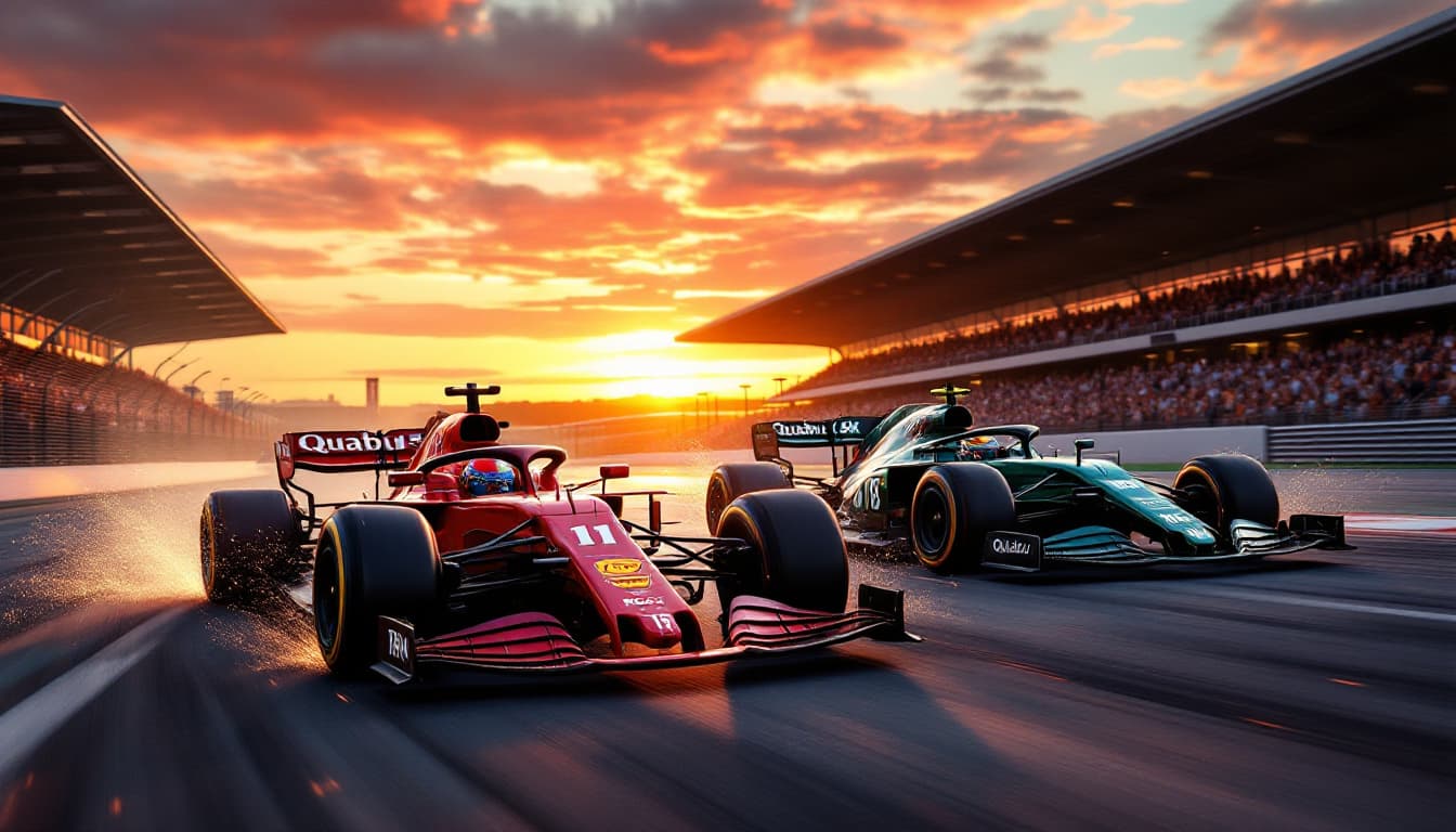 AI generated: A high-speed Formula 1 race is taking place on a professional circuit during a breathtaking sunset. ...