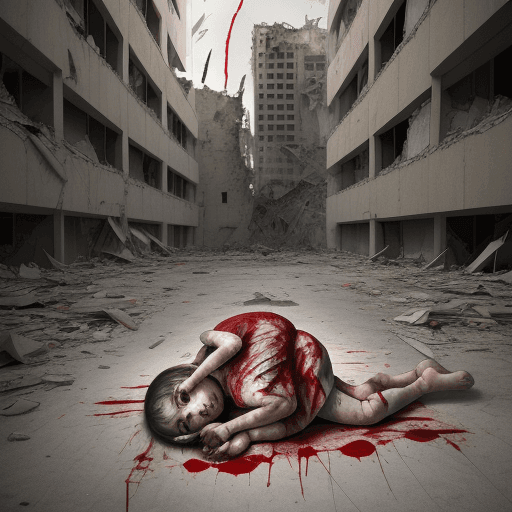 AI generated: paste-up art. A wounded child with blood hiding from rockets coming from the sky.. depicts destroyed...