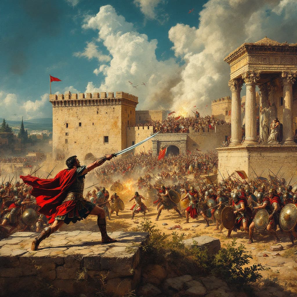 AI generated: roman era. masterpiece action oil painting of the walls of a sassanidic city being attacked by a rom...