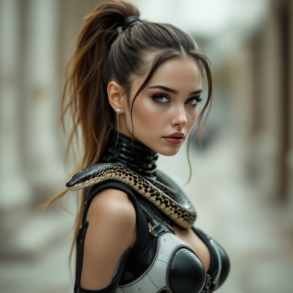 AI generated: A photo of pretty 1/2 human - 1/2 robot European Cyborg girl with long, with an absolutely symmetric...