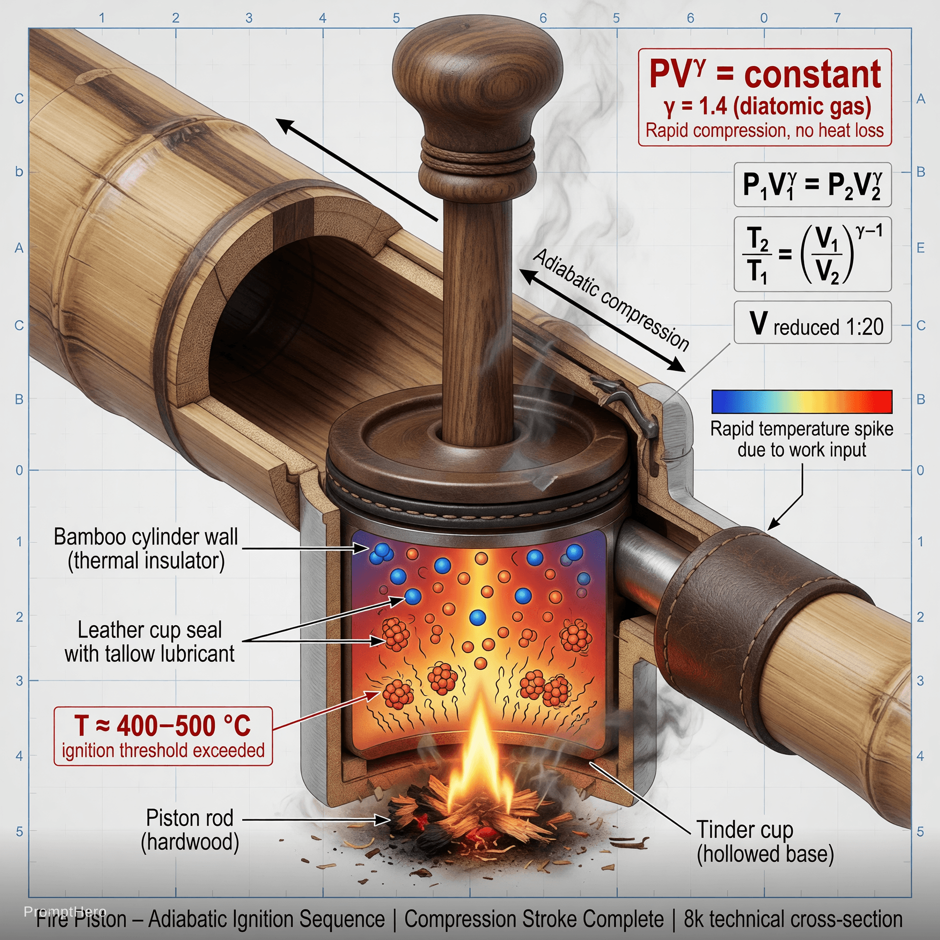 AI generated: Spectacular technical cross-section close-up of a fire piston during compression, scientific enginee...