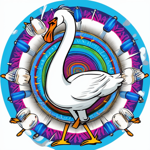 AI generated: Cartoon sketch of a white swan holding blue drum beaters, playing a Brazilian samba drum, surrounded...