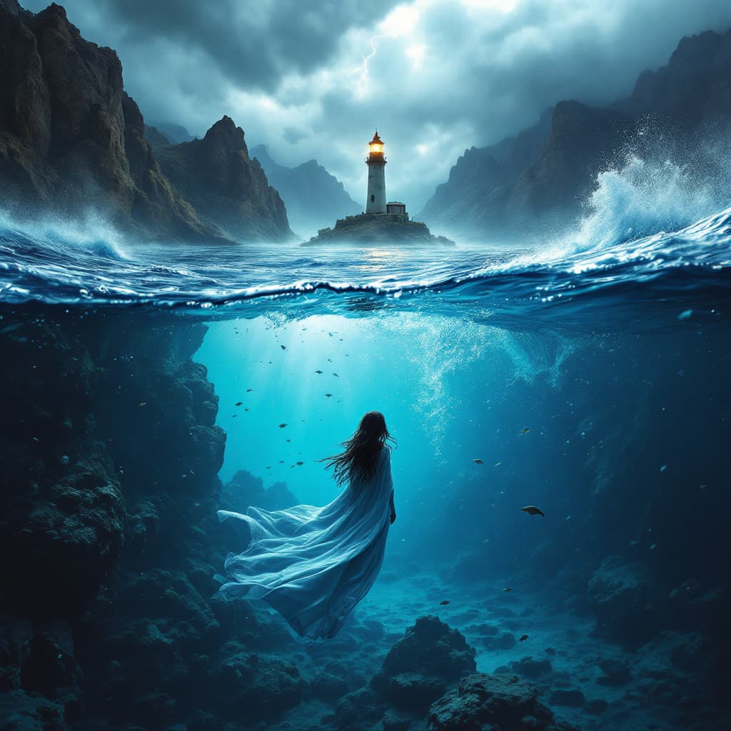 AI generated: An awe-inspiring cinematic split-frame image, where the lens is half-submerged, seamlessly blending ...