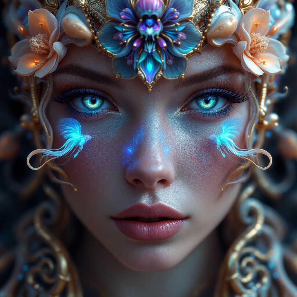 AI generated: Goddess close-up portrait ribcagel. jellyfish phoenix head, nautilus, orchid, skull, betta fish, bio...
