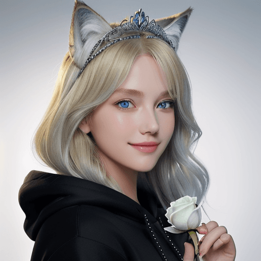 AI generated: medium length blond hair, blue eyes, girl, closeup, silver tiara, smile, side view, 
black hoodie, w...