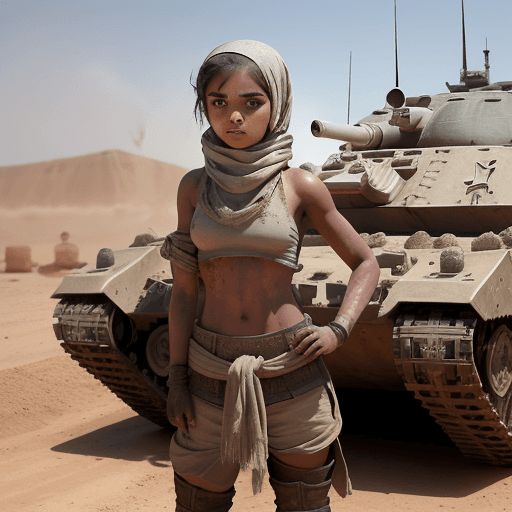 AI generated: a rebel girl standing in front of a tank in a fighting pose covered in dirt with a arab shemagh and ...