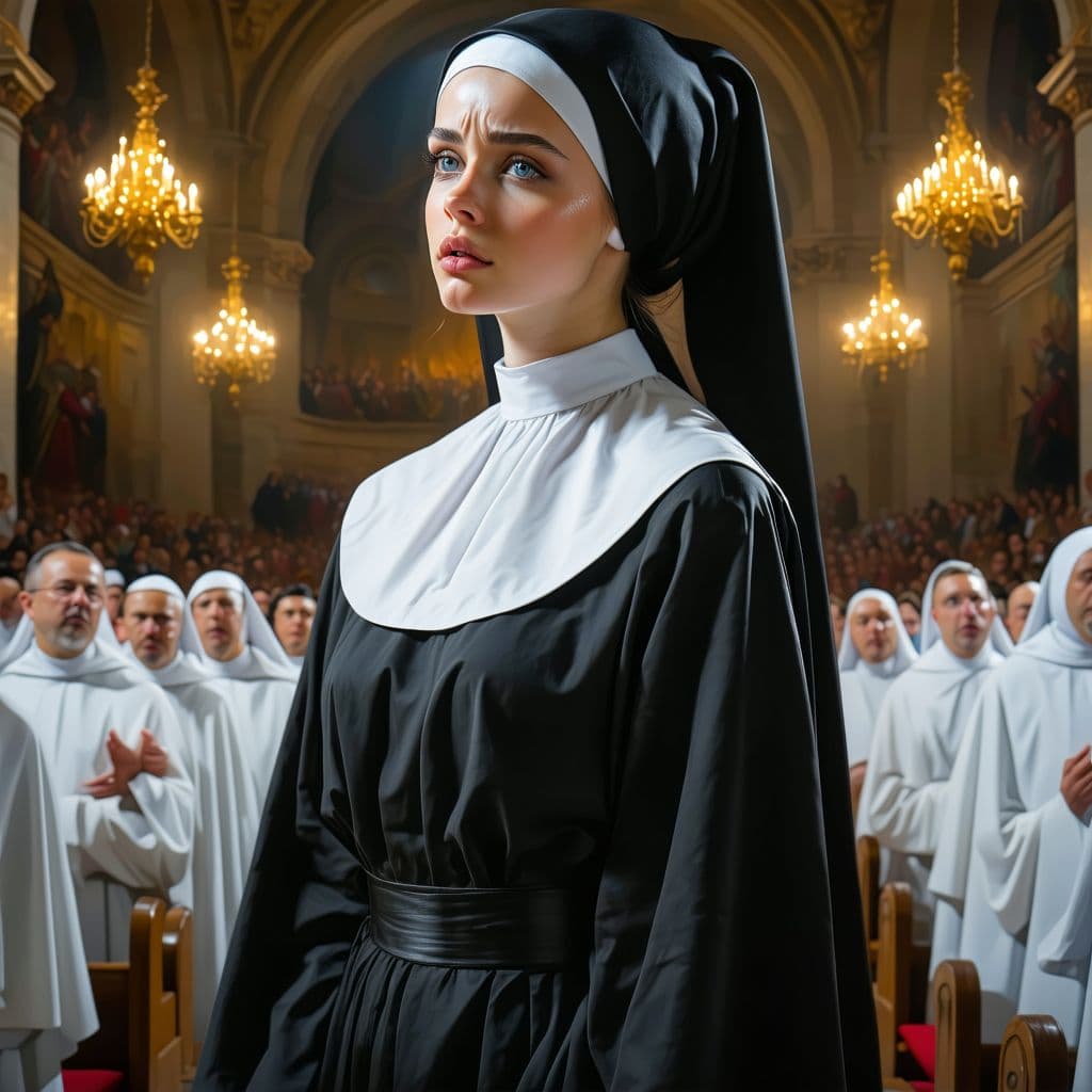 AI generated: Nun, ponytail cut, long flowing hair, shiny lips, blue eyes, fascinating eyes, nun robes, (her top i...