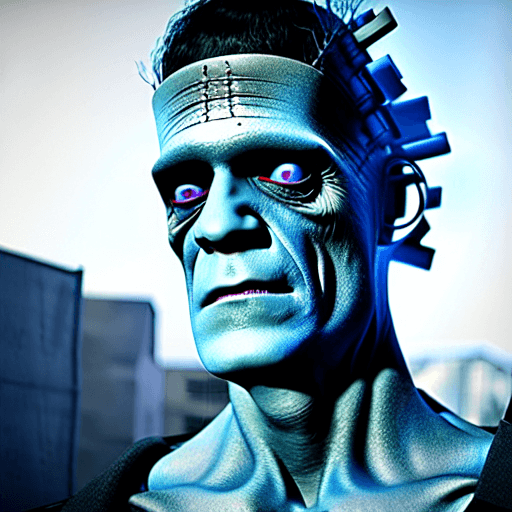 AI generated: Frankenstein, cyberpunk, outdoor, street, royal blue, hyperrealism, photorealistic, 8k, unreal engin...