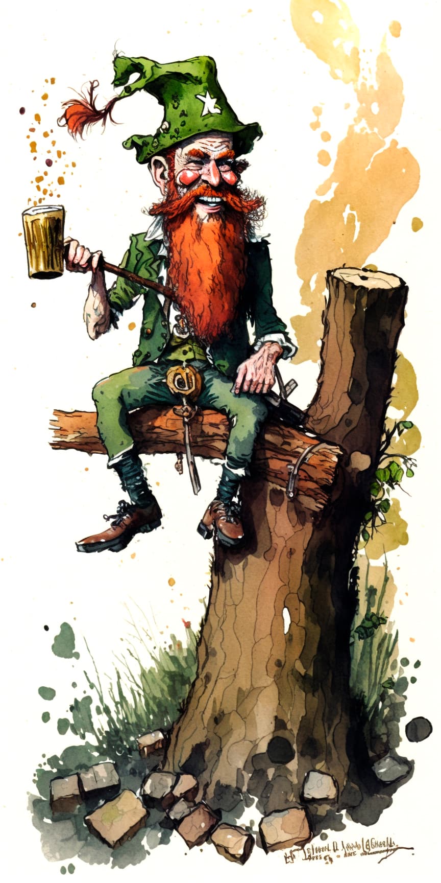 AI generated: an ugly leprechaun with a red beard and a mug of beer in one hand is beating himself by a stick in a...