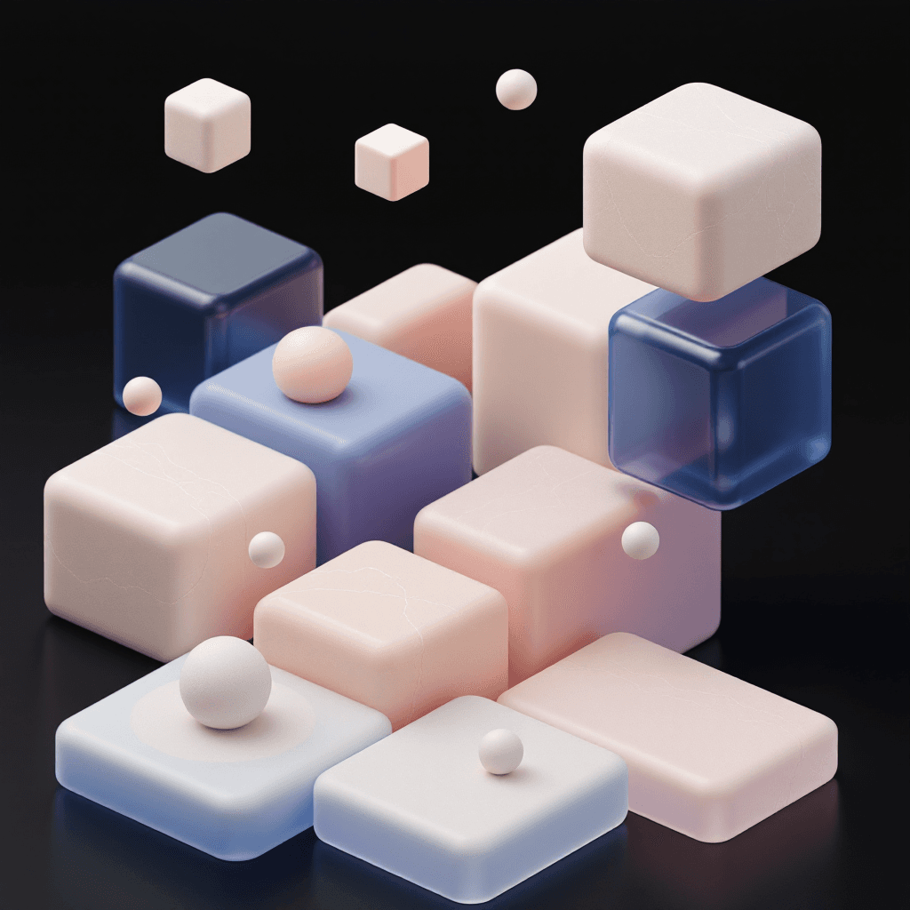 AI generated: 3D geometric shapes composition, soothing beige and blue tones, smooth textures, translucent effects...