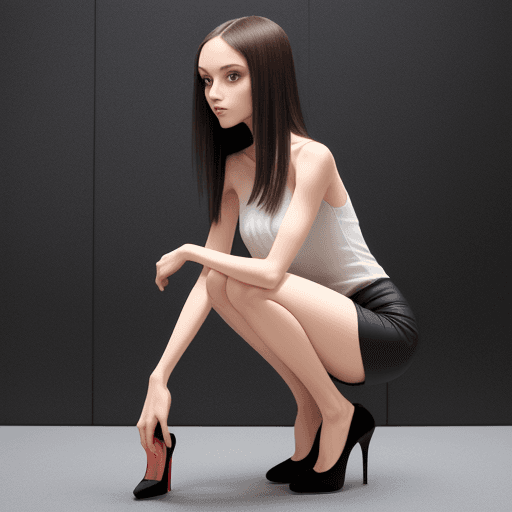 AI generated: very slim girl, with skinny legs and long skinny calves in high heels and squatting position