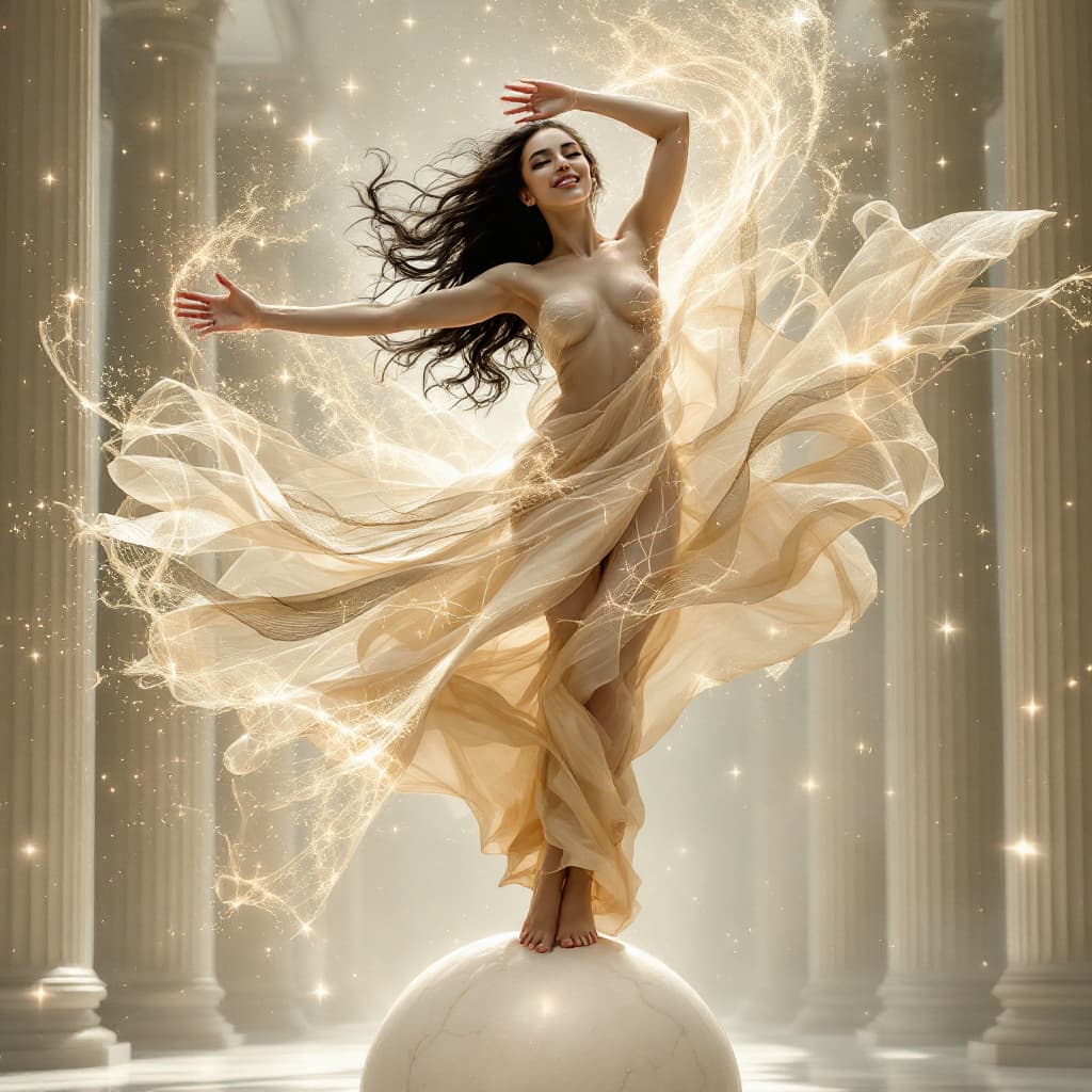 AI generated: Create a striking and detailed depiction of a woman in motion. The woman stands barefoot on a light ...