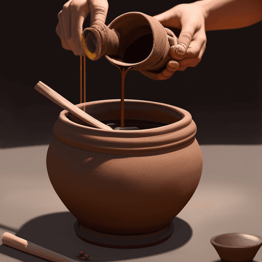 AI generated: Professional drawing like, clay pot pouring with brown liquid, with a fish bone head floating in top...