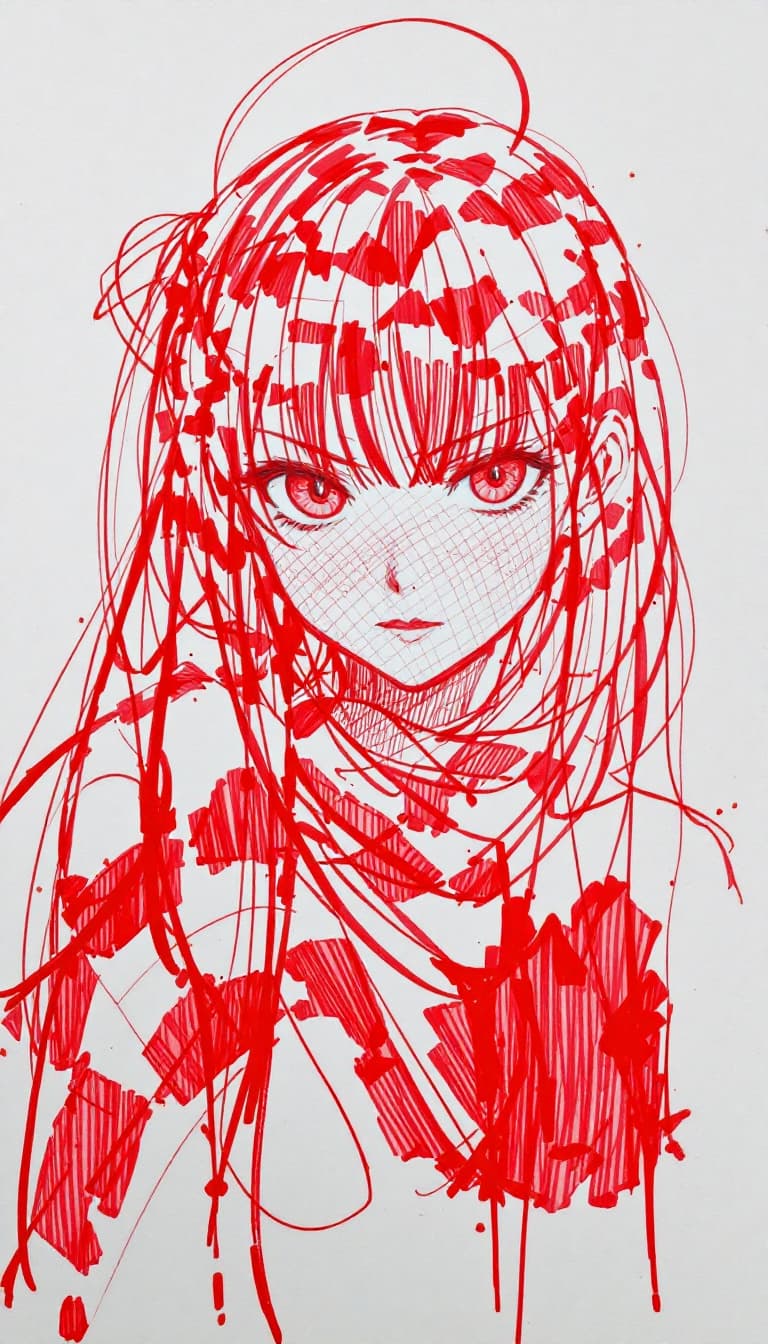 AI generated: girl, red pen drawing, sketch, anime, expressive
