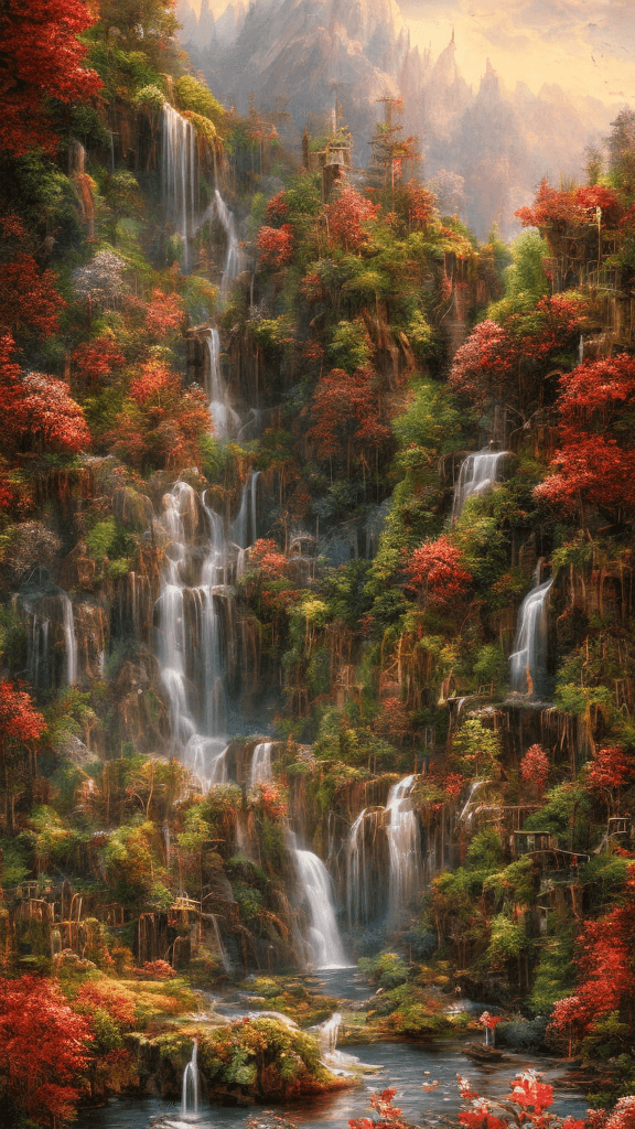 AI generated: summer landscape, red color, Bokeh, waterfall, insanely detailed and intricate, hypermaximalist, ele...