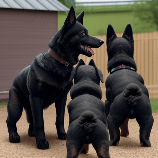 AI generated: A black German shepherd is giving a lecture to other small black German shepherd puppies on how to b...