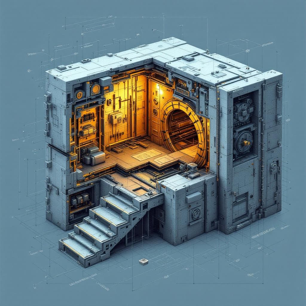 AI generated: design me a good looking schematic of a bank vault like you see in the movies showcasing a cutaway d...