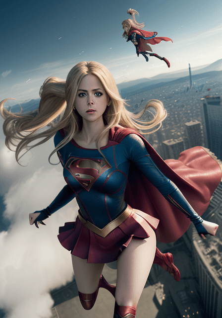 AI generated: long range photo of Avril Lavigne as Supergirl, (Flying), film still, skin tight outfit, mini skirt,...