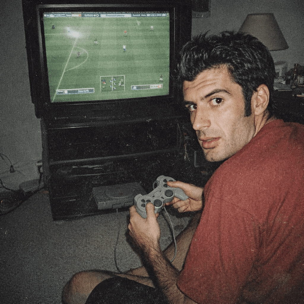 AI generated: Grungy analog photo of Luis Figo circa 2000 playing Fifa 2000 on Playstation 1 on a 90s CRT TV in a ...