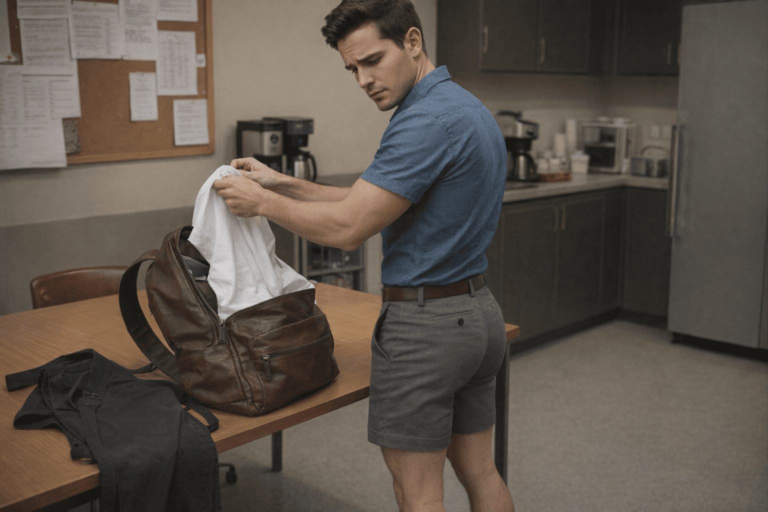 AI generated: The model is at a employees coffee shop back room. There is a table in the room. There is a brown le...