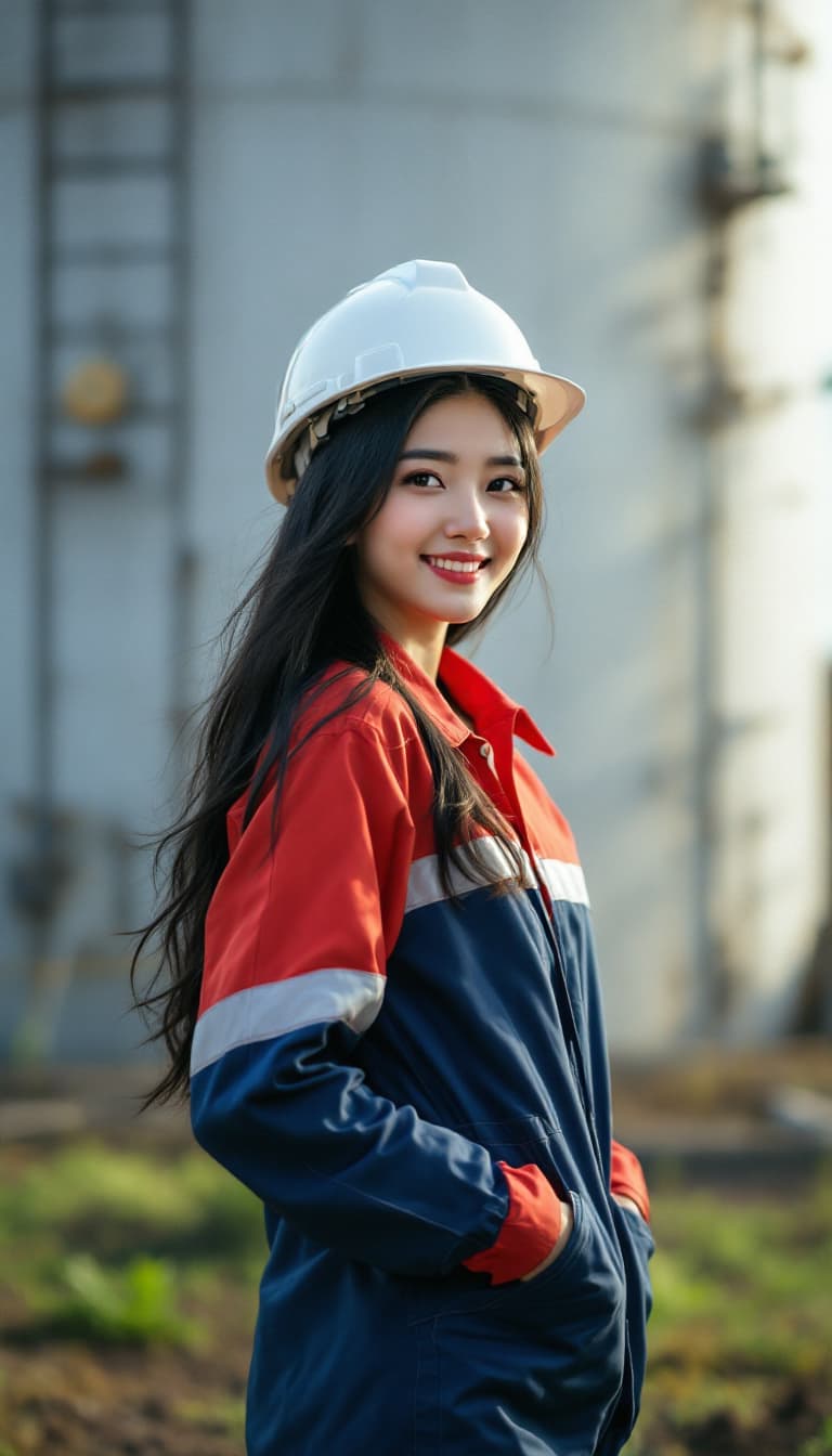 AI generated: A korean woman with black long hair, and a worn a red and blue safety coverall for oil and gas worki...
